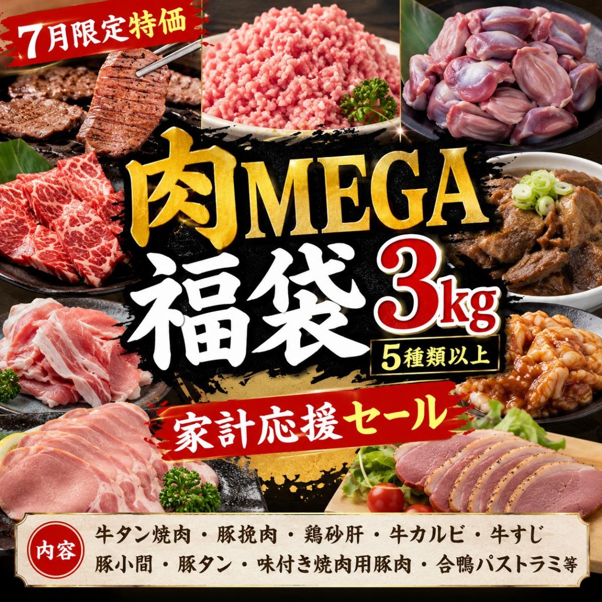 【7月特価】訳あり 肉福袋 MEGA盛り3kg5種(家計応援SALE)牛タン・豚肉・鶏肉等々サムネイル