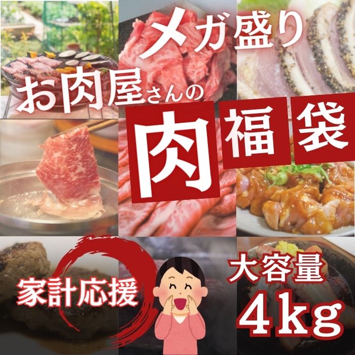 【夏の大SALE】お肉屋さんのMEGA福袋【4kg詰合せ】(牛タン・ハンバーグ・豚小間等々)サムネイル
